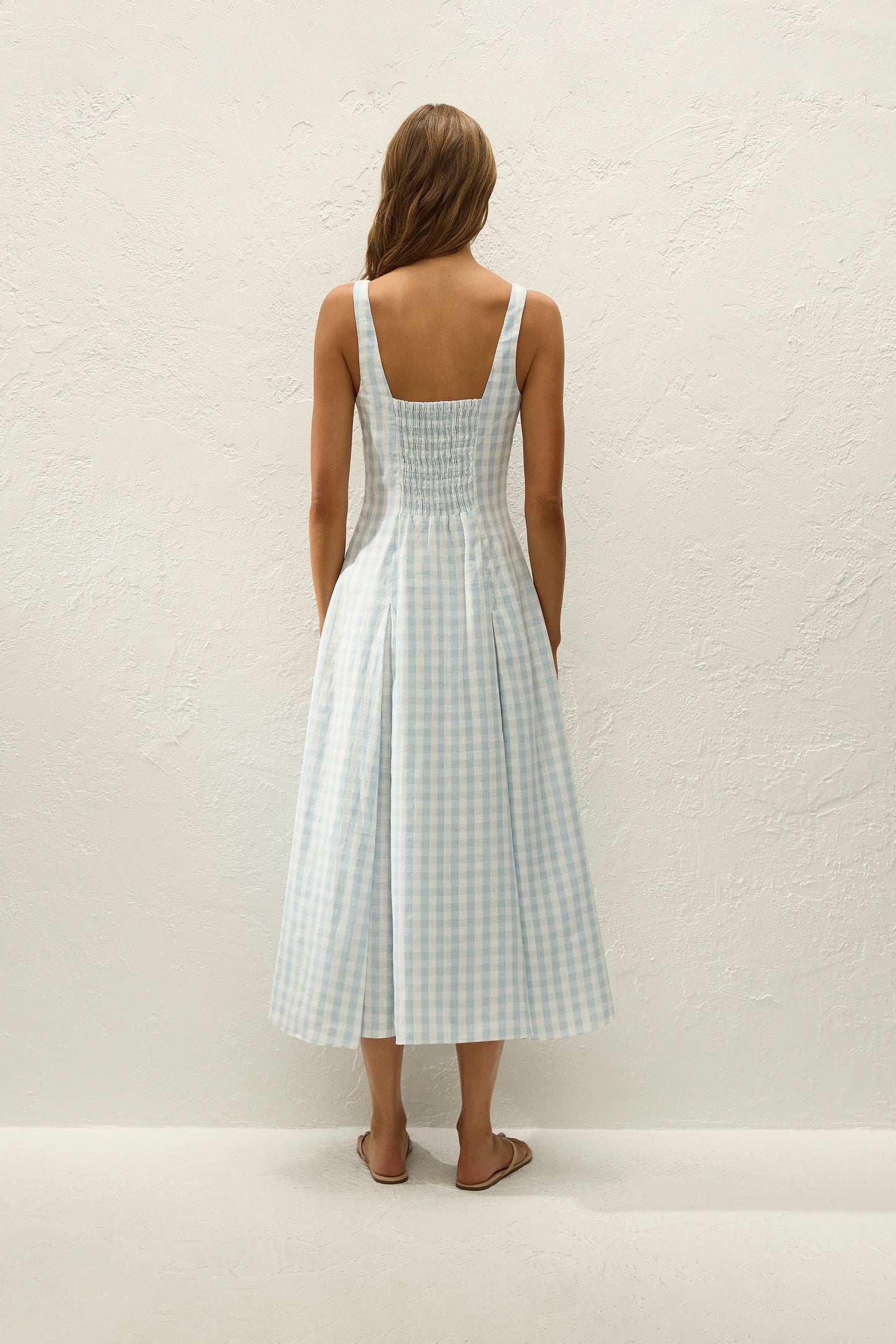 Co-op California Boutique Adalee Midi Dress in Sky Blue Gingham Linen