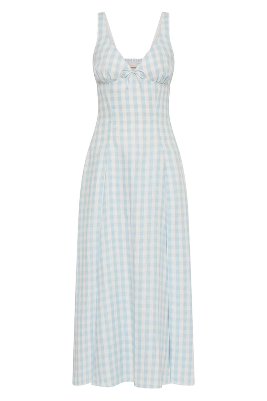 Co-op California Boutique Adalee Midi Dress in Sky Blue Gingham Linen