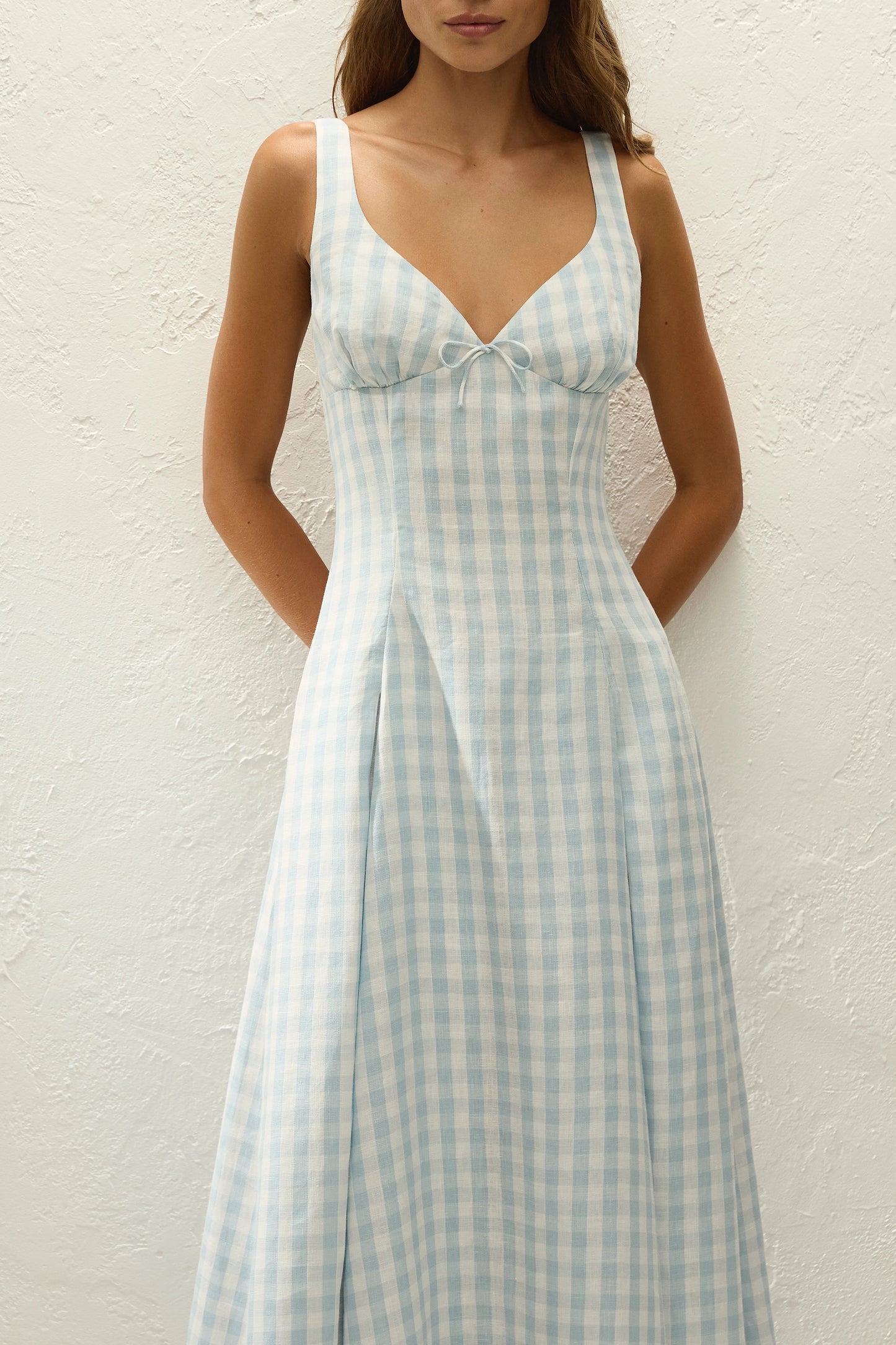Co-op California Boutique Adalee Midi Dress in Sky Blue Gingham Linen