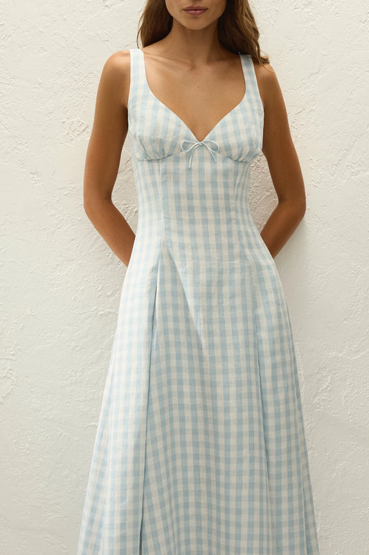 Co-op California Boutique Adalee Midi Dress in Sky Blue Gingham Linen